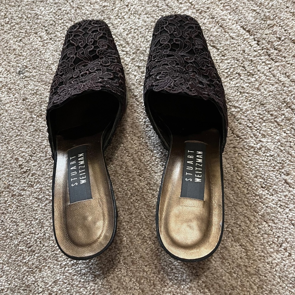 Vintage 90s Stuart Weitzman Lace Mules Size 6.5 Brown Embroidered Kitten Heel